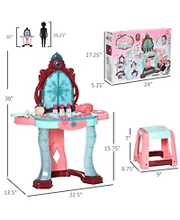 Qaba Kids Vanity Makeup Table Set with Chair and 31-Piece Collection, Mirror Princess Vanity Table with Self-Opening Magic Mirror, Music, Light, Imagi