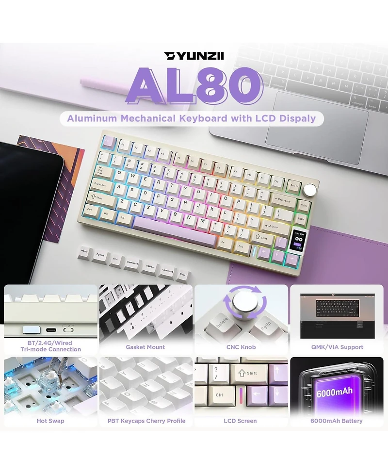 Yunzii AL80 Wireless Mechanical Keyboard,Full Aluminum Cnc, Smart Lcd Display,Hot Swappable Gasket Mount 75% Layout (Beige