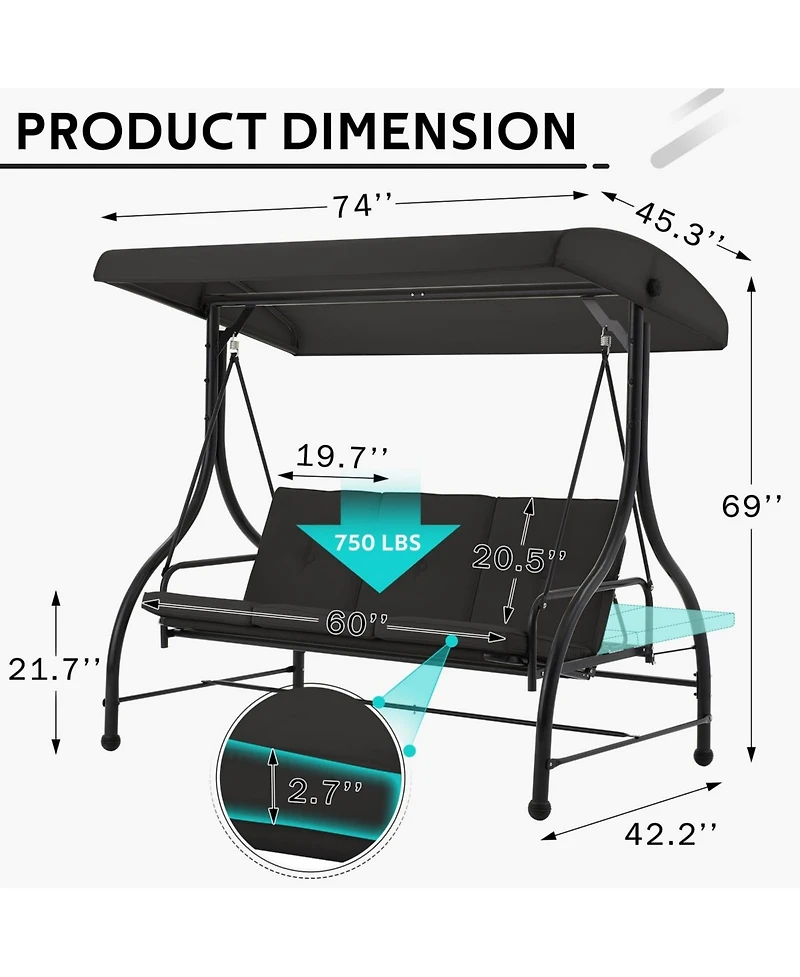 Boyel Living 3-Person Metal Patio Swing Outdoor Porch Chair for Adults Garden Backyard Deck