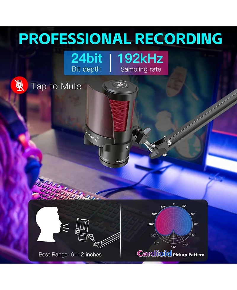 ZealSound Usb Microphone for iPhone,Noise Cancellation Gaming mic with Touch Mute,Gain,Monitoring,Usb Mic Boom Arm for Streaming,Podcast,Twitch