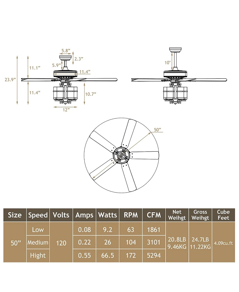 Costway 50'' Ceiling Fan with Light Classic Ceiling Fan Lamp w/Noiseless Reversible Motor