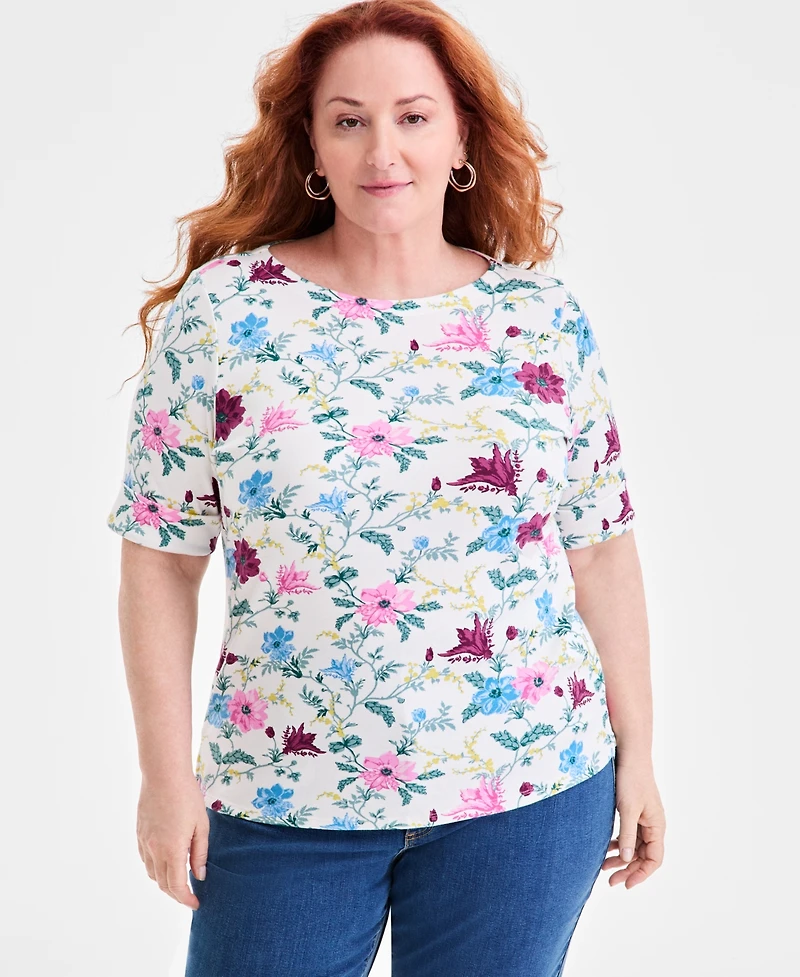 Style & Co Plus Size Printed Elbow-Sleeve Knit Top, Macy's Exclusive