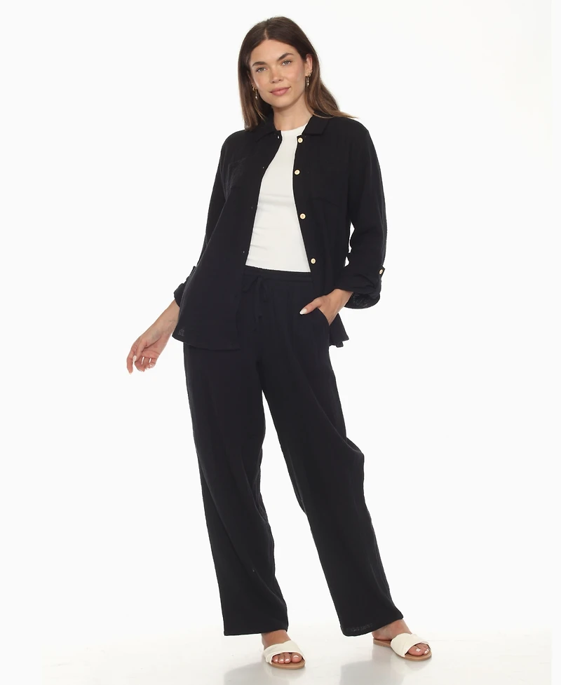 White Mark Women's Long Sleeve Button Down Cotton Gauze Set