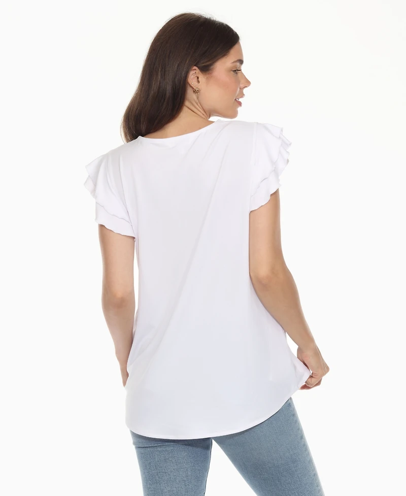 White Mark Women's Ruffle Sleeve Solid Top