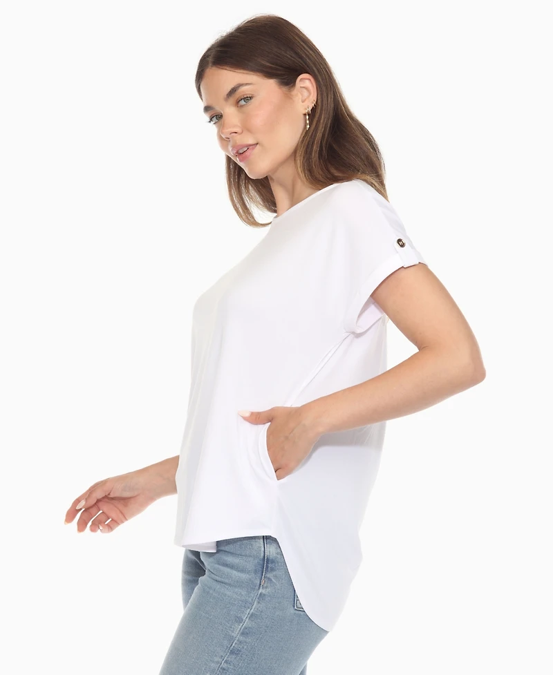 White Mark Women's Folded Short Sleeve Solid Top