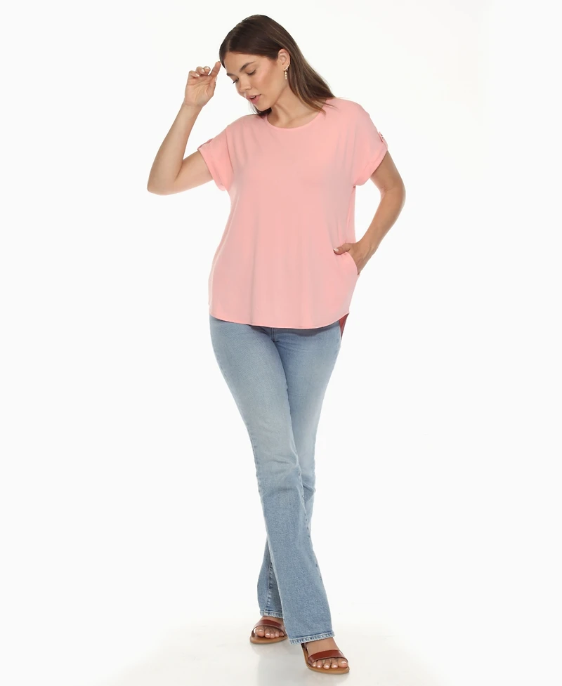 White Mark Women's Folded Short Sleeve Solid Top