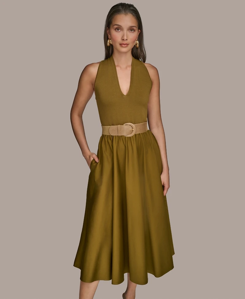Donna Karan New York Women's Mixed-Media Belted Halter Dress