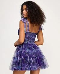 Seni & Cade Juniors' Twisted Printed Mesh Fit Flare Dress