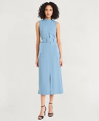 Luxely Women's Twill Belted Mock-Neck Sleeveless Dress