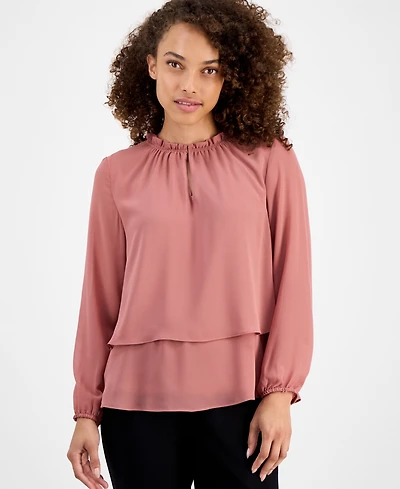 Ak Anne Klein Petite Double-Layer Ruffle Blouse