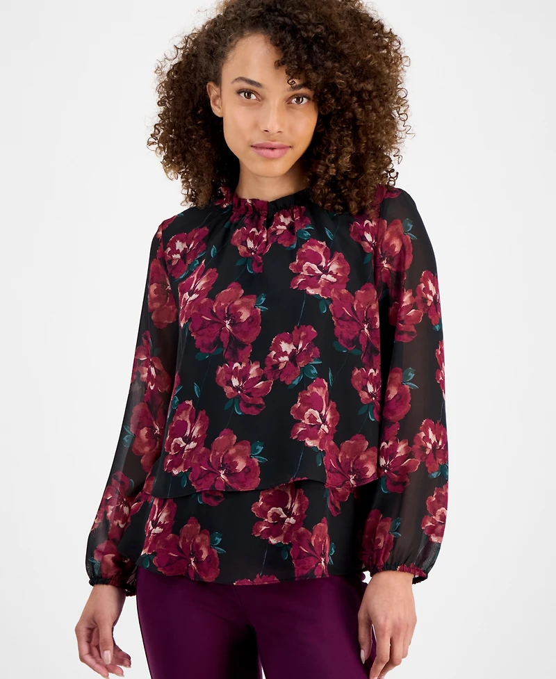 Ak Anne Klein Women's Ruffle-Neck Long-Sleeve Chiffon Top