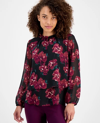 Ak Anne Klein Women's Ruffle-Neck Long-Sleeve Chiffon Top