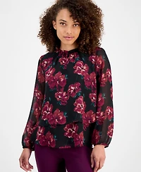 Ak Anne Klein Women's Ruffle-Neck Long-Sleeve Chiffon Top