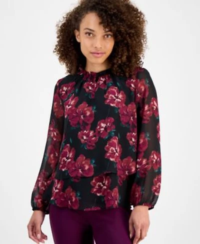 Ak Anne Klein Womens Ruffle Neck Long Sleeve Chiffon Top P Xxs Xl
