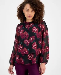 Ak Anne Klein Womens Ruffle Neck Long Sleeve Chiffon Top P Xxs Xl