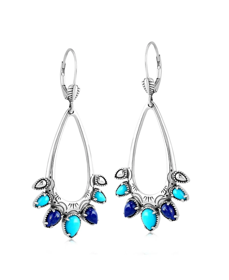 American West Jewelry Sterling Silver Sleeping Beauty Turquoise and Lapis Open Pear Gemstone Lever Back Earrings