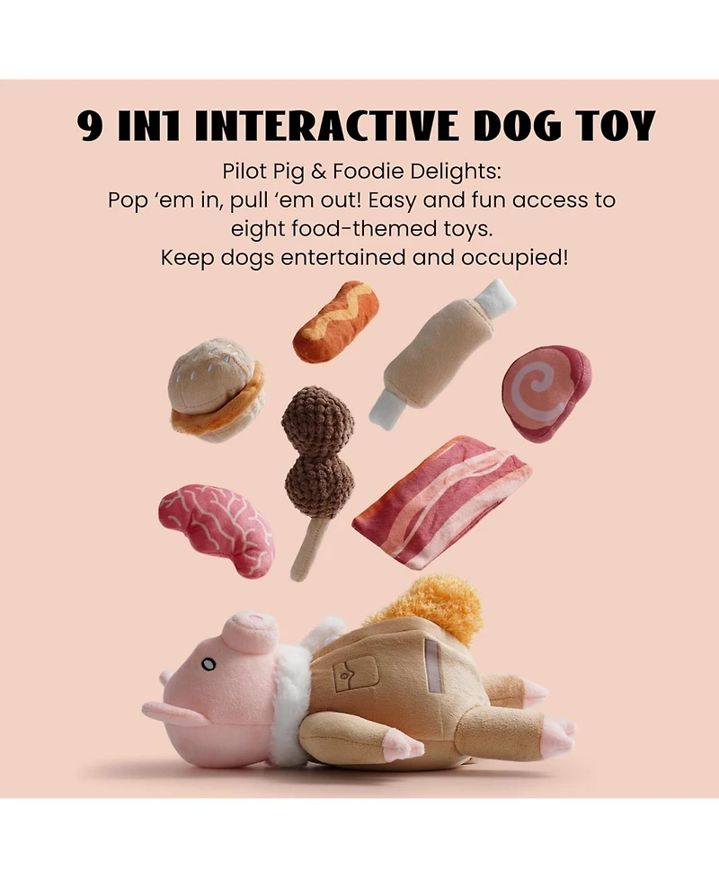 Nocciola 9-in-1 Pig Plush Dog Toys,Funny Piggy Puzzle Toy with 8 Pork Food Squeaky & Crinkle Toys,Stimulating Enrichment Toys for Small Medium Dogs