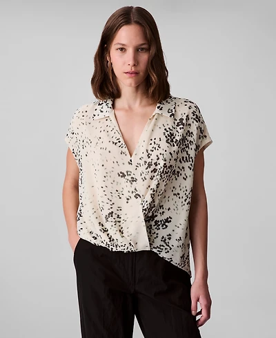 Calvin Klein Women's Printed Chiffon Faux-Wrap Cap-Sleeve Top