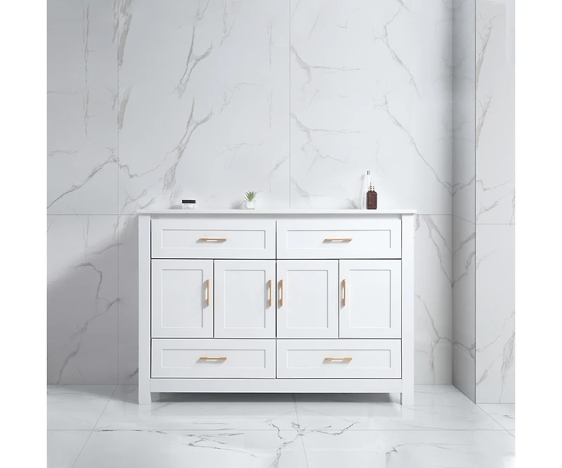 Casainc 48" White Vanity with Ceramic Sink Combo, 4 Soft-Close Doors & 4 Drawers, Elegant Storage Unit