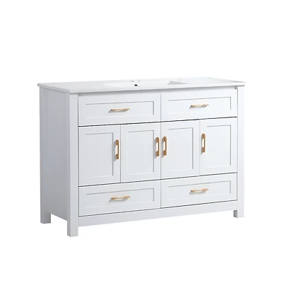 Casainc 48" White Vanity with Ceramic Sink Combo, 4 Soft-Close Doors & 4 Drawers, Elegant Storage Unit