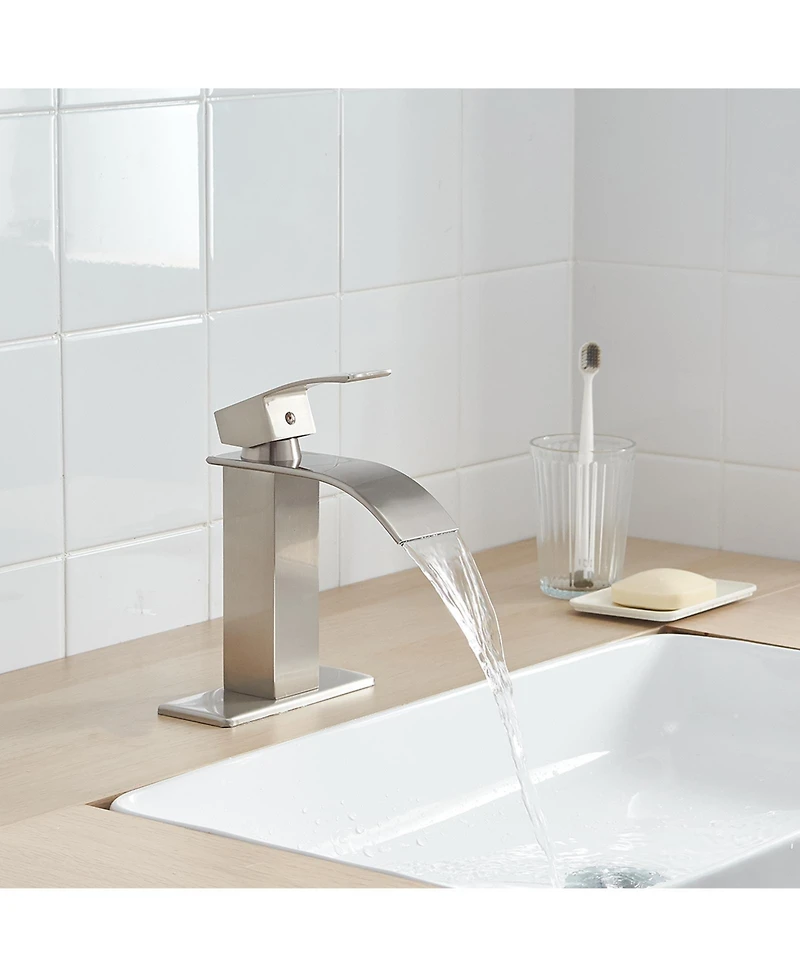Greenspring Waterfall Single Handle Hole Low-Arc Bathroom Faucet Drip-Free Vanity Sink Matte Black & Gold