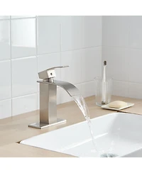 Greenspring Waterfall Single Handle Hole Low-Arc Bathroom Faucet Drip-Free Vanity Sink Matte Black & Gold