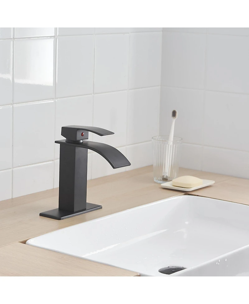 Greenspring Waterfall Single Handle Hole Low-Arc Bathroom Faucet Drip-Free Vanity Sink Matte Black & Gold