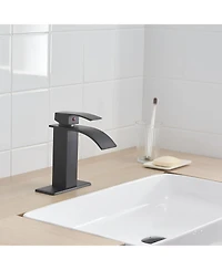 Greenspring Waterfall Single Handle Hole Low-Arc Bathroom Faucet Drip-Free Vanity Sink Matte Black & Gold
