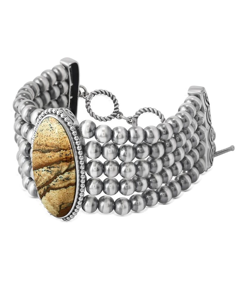 American West Jewelry Sterling Silver Oval Picture Jasper Oval Cut Beaded Toggle Bracelet, Size, Size Medium