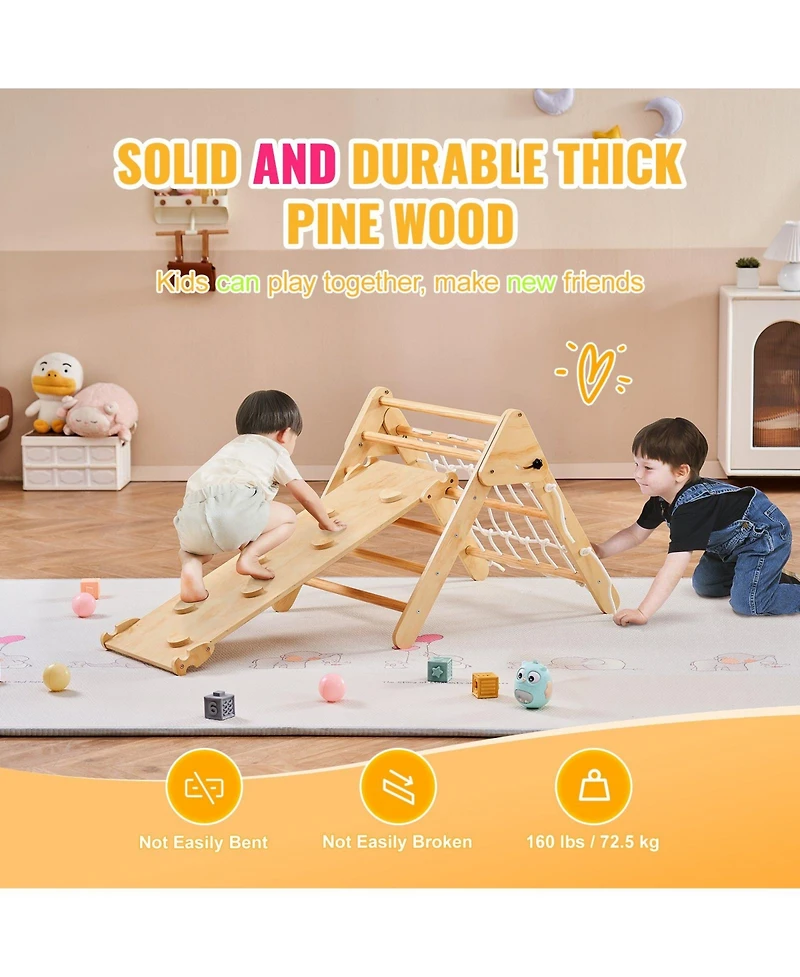 Slickblue Toddler 4 in 1 Climbing Set with Wooden Pikler Triangle Ramp and Arch for Indoors