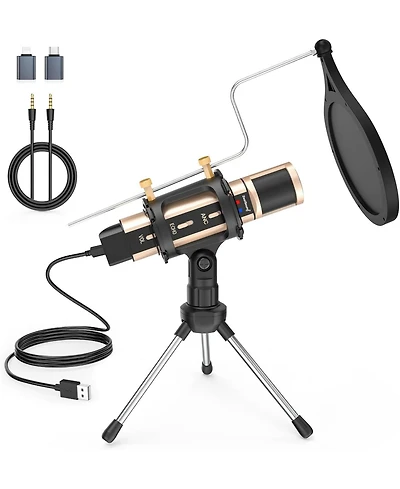 ZealSound Usb & 3.5mm Microphone with Type-c Adapter, Echo Volume, Tripod Stand, Pop Filter for Asmr, Video Recording, Streaming, Discord