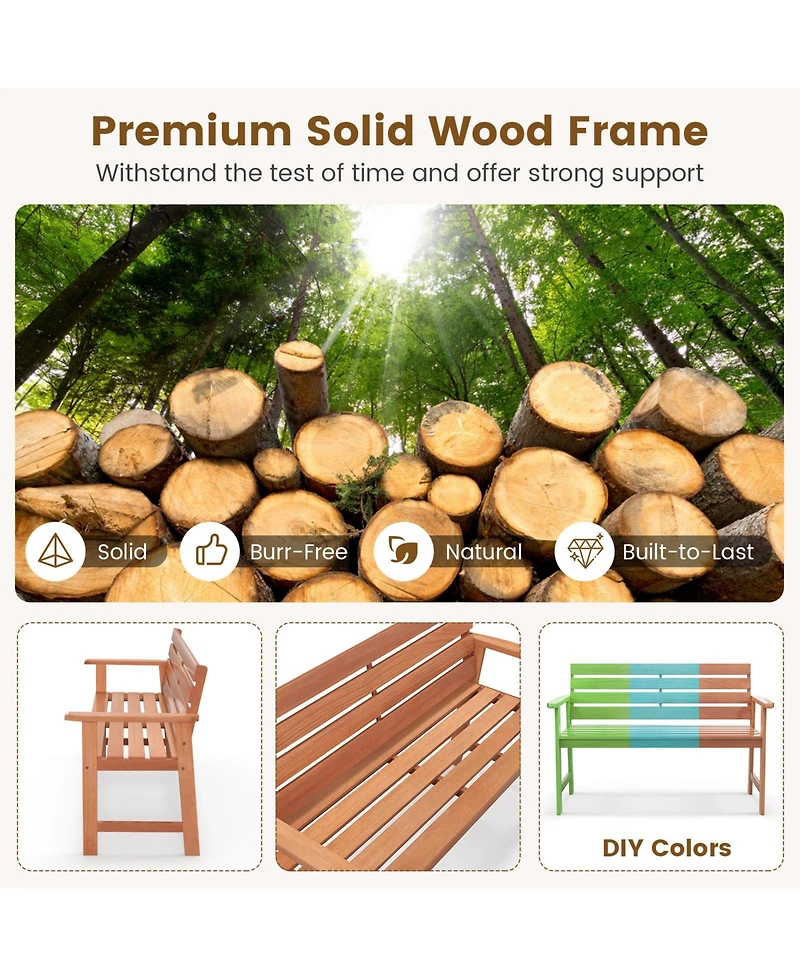 Gymax Solid Wood Bench Wood 2-Seat Chair w/ Slatted Seat & Inclined Backrest Patio