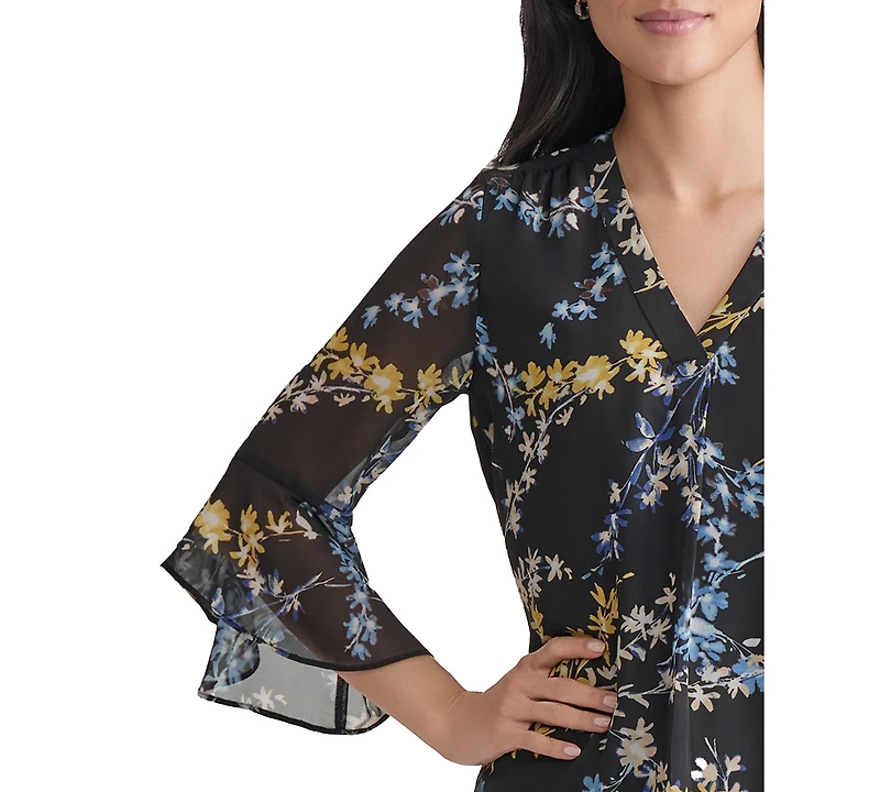 Jones New York Women's Sheer-Flutter-Sleeve Y-Neck Blouse
