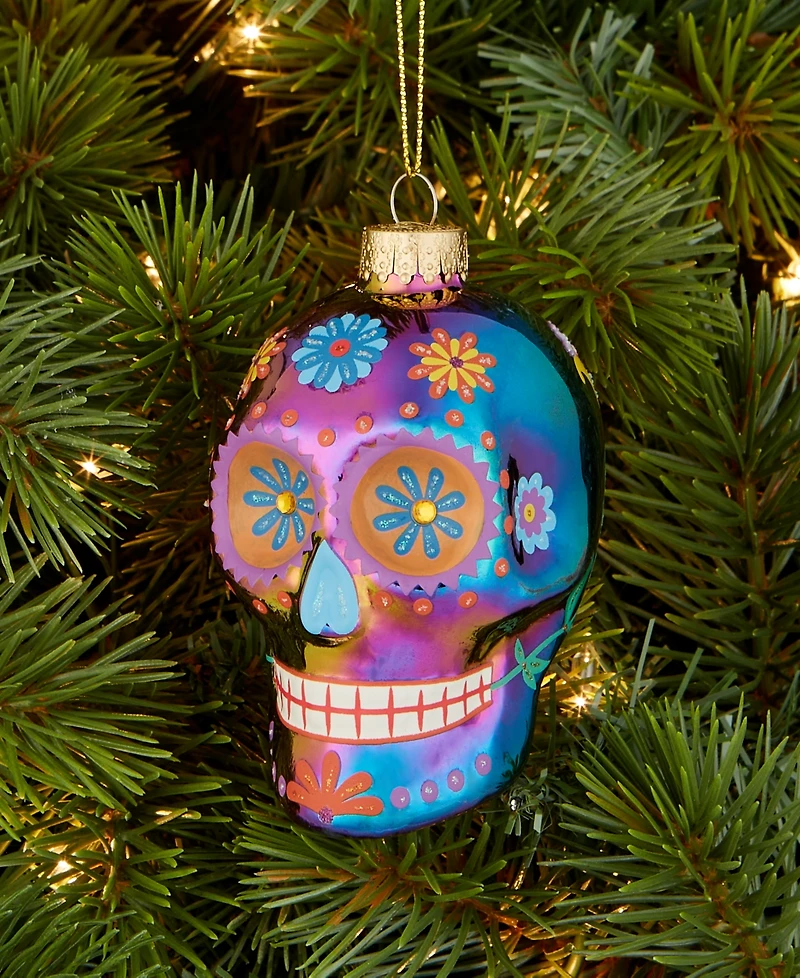 Holiday Lane Day of the Dead Glass Colorful Skull Ornament, Macy's Exclusive