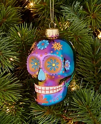 Holiday Lane Day of the Dead Glass Colorful Skull Ornament, Macy's Exclusive