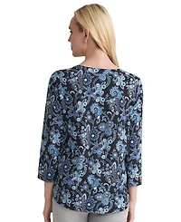Jones New York Women's Paisley-Print 3/4-Sleeve Flap-Pocket Knit Top