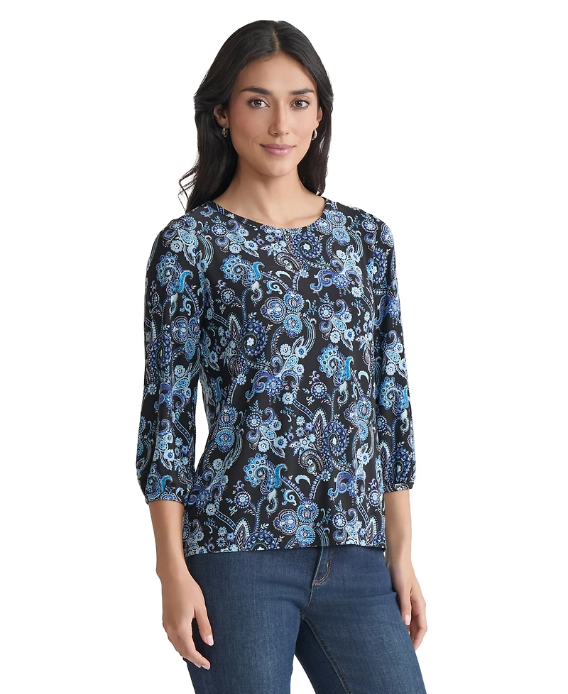 Jones New York Women's Paisley-Print Puff-Sleeve Crewneck Top
