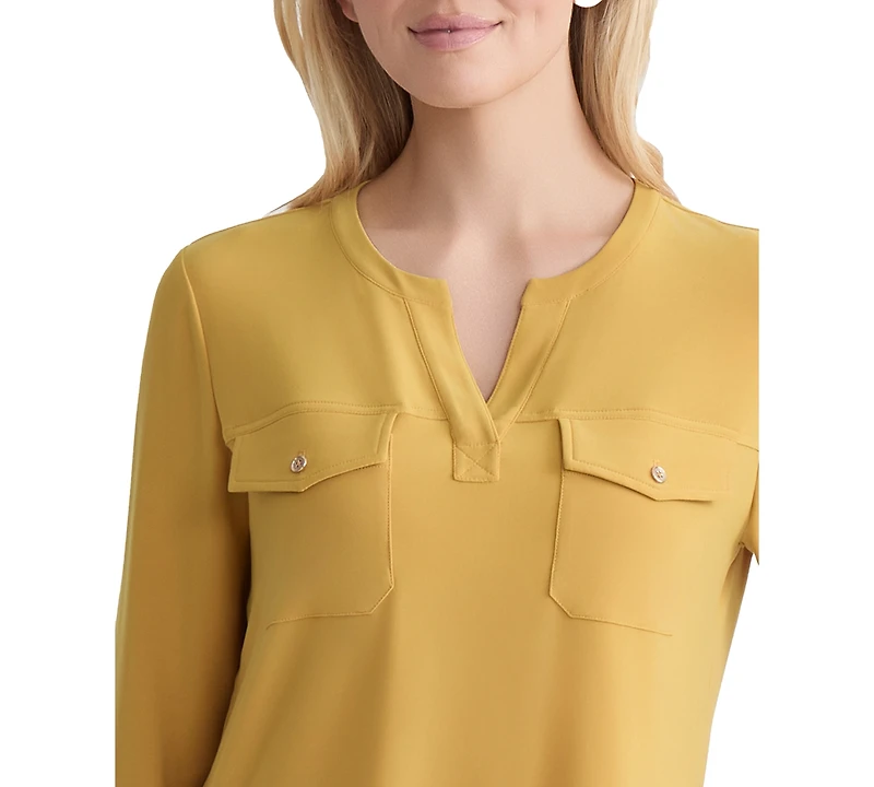 Jones New York Women's Solid 3/4-Sleeve Flap-Pocket Top