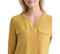 Jones New York Women's Solid 3/4-Sleeve Flap-Pocket Top