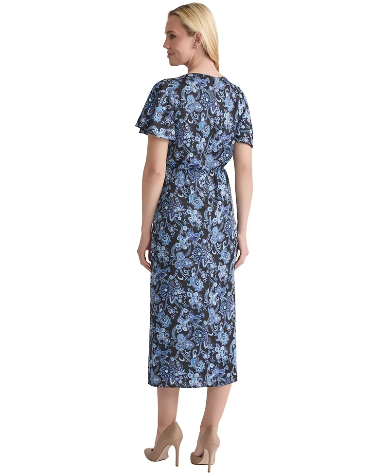 Jones New York Women's Printed Shirred Flutter-Sleeve Midi Dress
