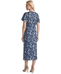 Jones New York Women's Printed Shirred Flutter-Sleeve Midi Dress
