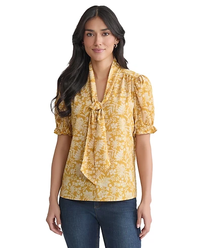 Jones New York Women's Printed Tie-Neck Short-Sleeve Blouse