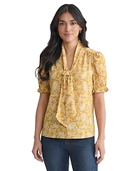 Jones New York Women's Printed Tie-Neck Short-Sleeve Blouse