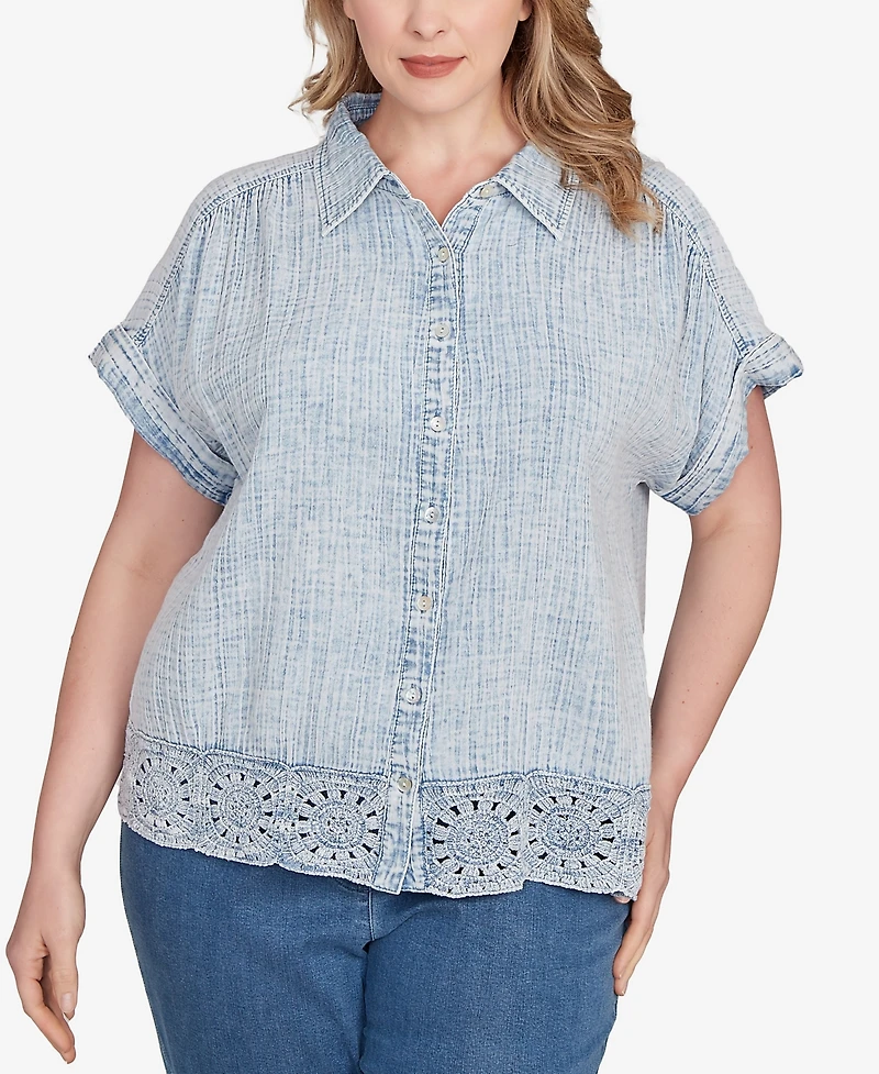 Ruby Rd. Plus Snow Washed Crochet Hem Collared Shirt