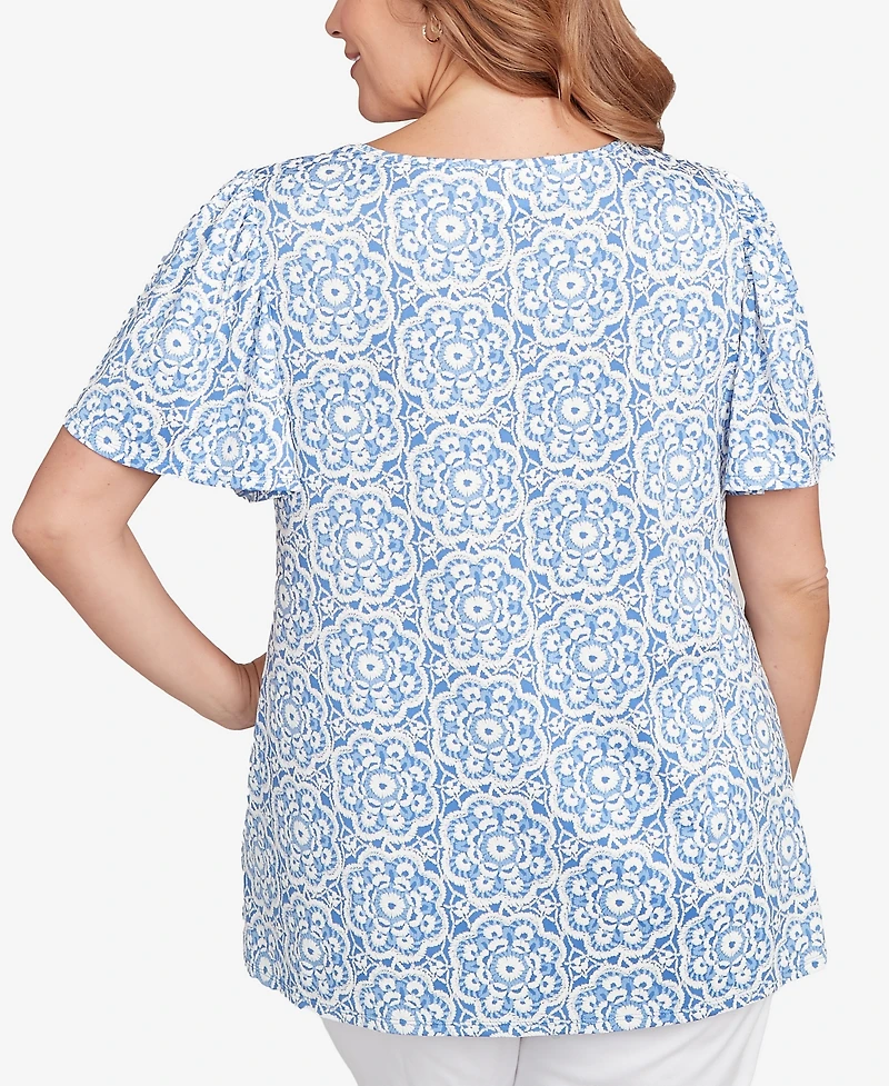 Ruby Rd. Plus Beaded Macrame Puff Print Top