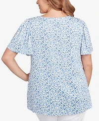 Ruby Rd. Plus Beaded Macrame Puff Print Top