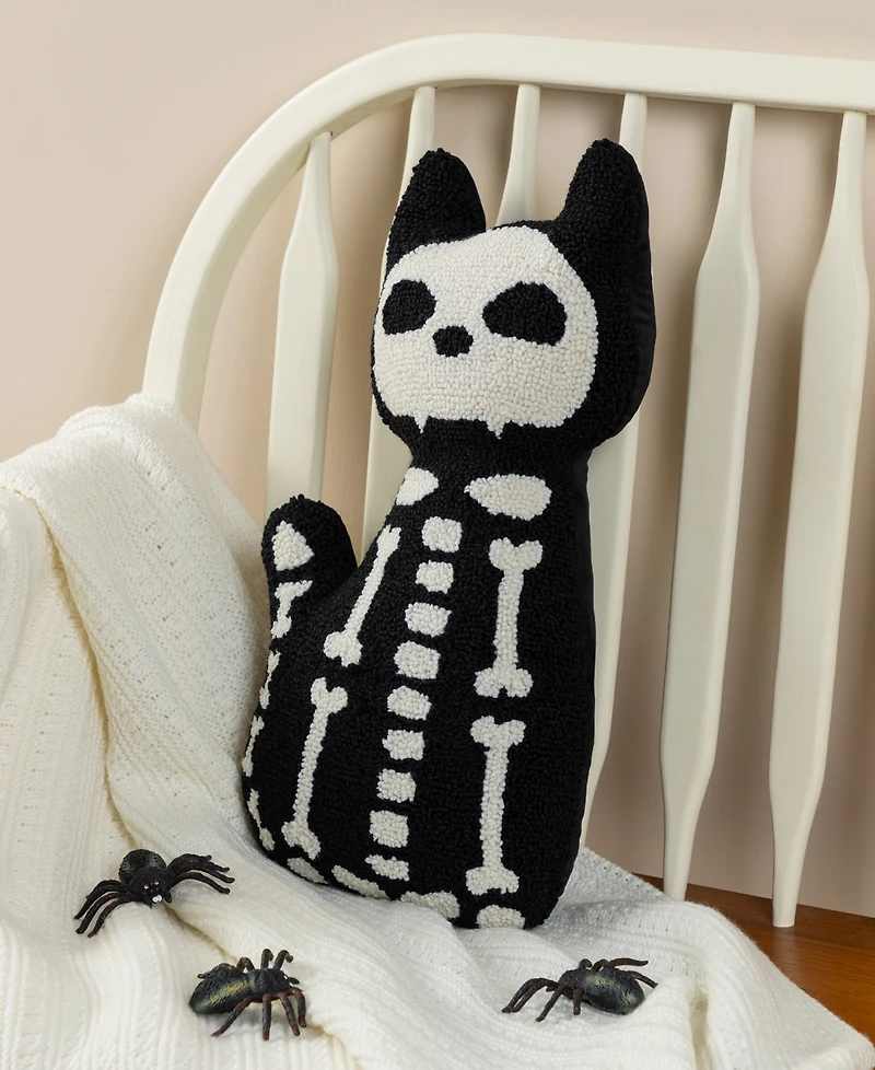 Glitzhome Halloween Hooked Skeleton Cat Shaped Decorative Pillow, 9" x 4"