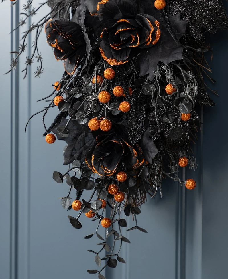 Glitzhome 28" Halloween Black Rose and Berry Swag Metal Wreath Hanger