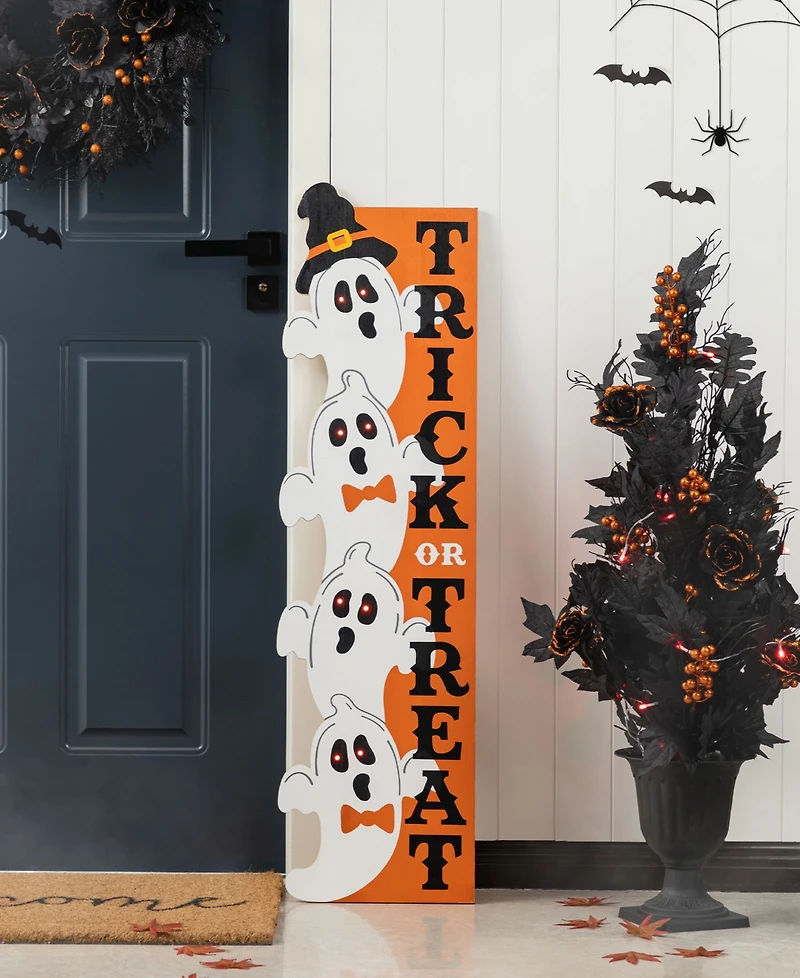 Glitzhome 42" Lighted Halloween Wooden Stacked Ghost with Trick or Treat Porch Sign with Timer