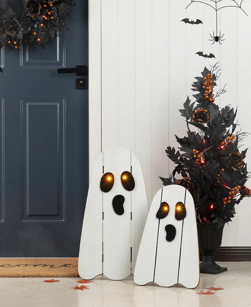 Glitzhome Halloween Lighted Wooden White Ghost Porch Decor with Timer, Set of 2